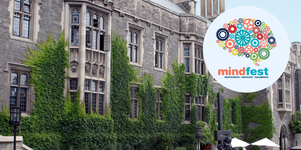 The exterior of Hart House, a stone building covered in ivy, alongside the Mindfest logo, a brain composed of colourful gears.