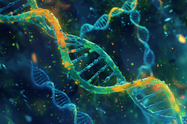 A strand of DNA floating in a blue-green ether, with more stands visible in the background.