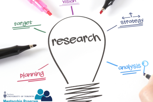 A diagram of research steps built around a sketch of a lightbulb