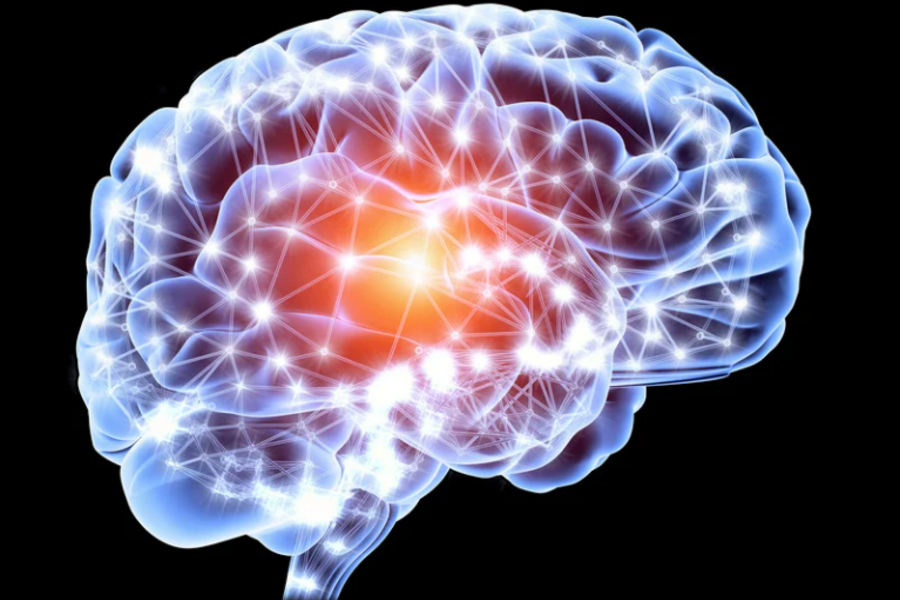 Illustration of a brain's pathways, represented by lines of light