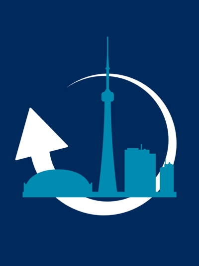 Toronto skyline with a circular arrow