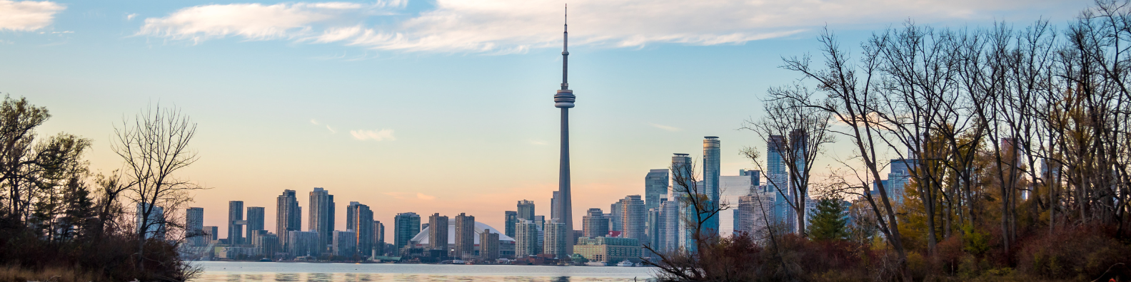 An image of the Toronto skyline, viewed across the lake during winter