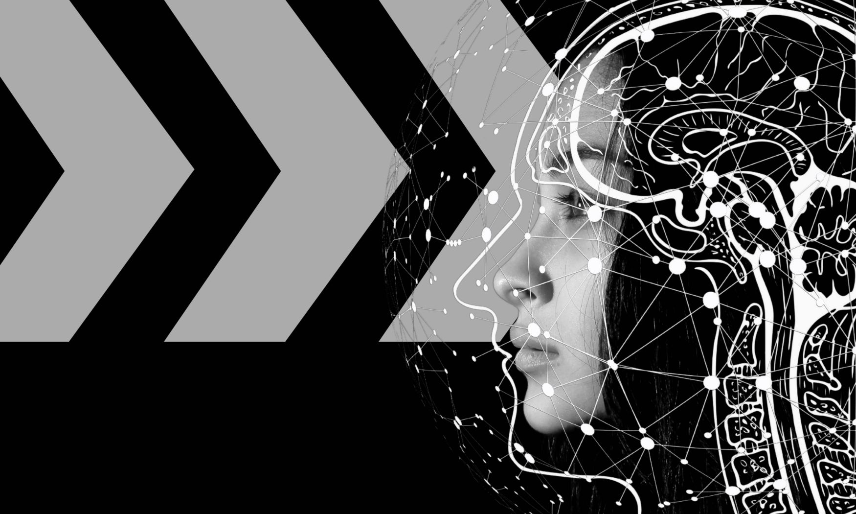 A woman in profile, with the outline of a human brain and a network of interconnected points superimposed over her.