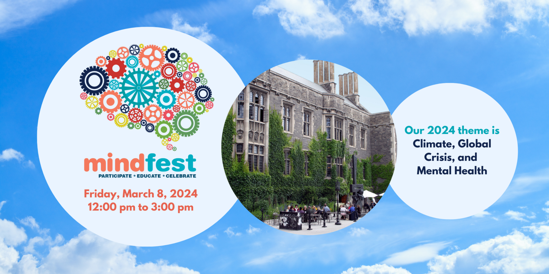 The Mindfest logo, a colorful collection of gears in the shape of a brain, alongside a photo of Hart House on the U of T campus.