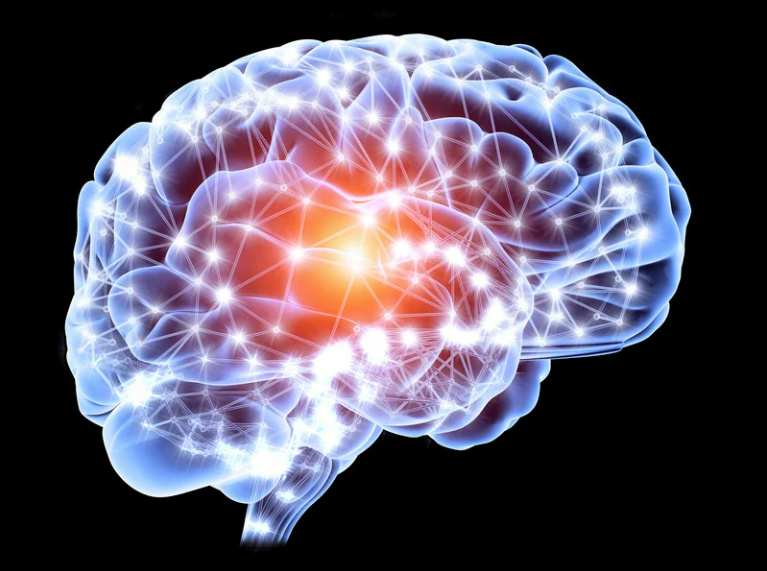 Illustration of a brain's pathways, represented by lines of light