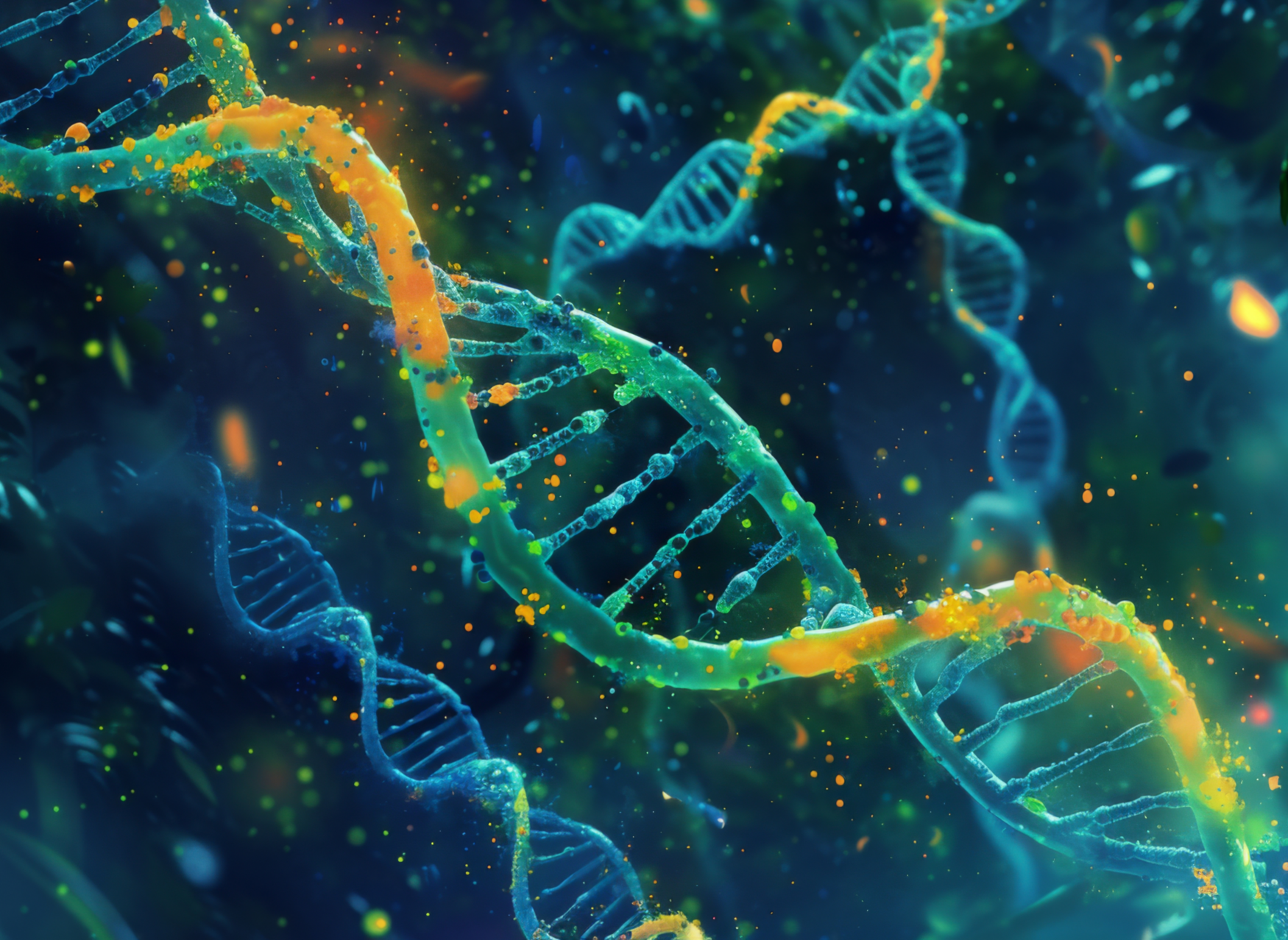 A strand of DNA floating in a blue-green ether, with more stands visible in the background.