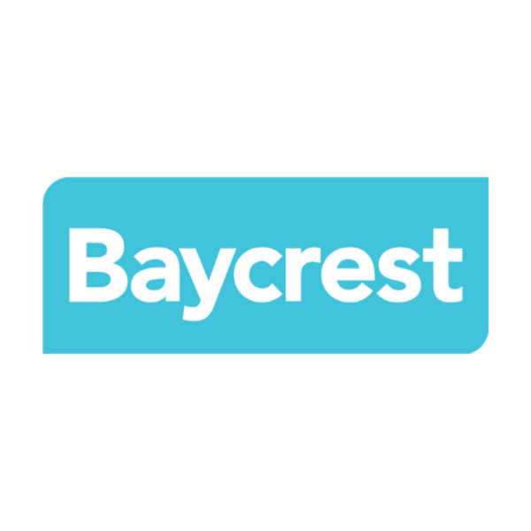 Baycrest hospital's logo, the word Baycrest in white against a blue box